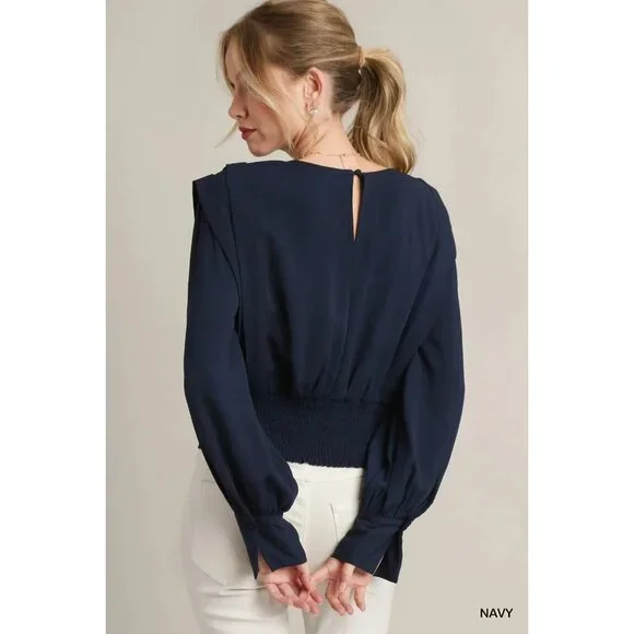 NWT Umgee Navy Solid Defined Shoulder Crepe Blouse~Long Sleeve - Picture 2 of 10